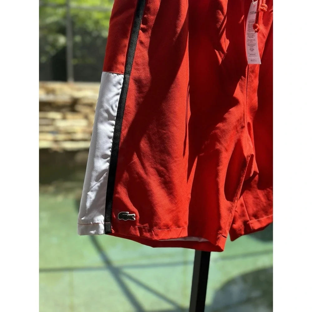 LACOSTE Men's Colourblock Tennis Shorts Red/White/Black Size L 8